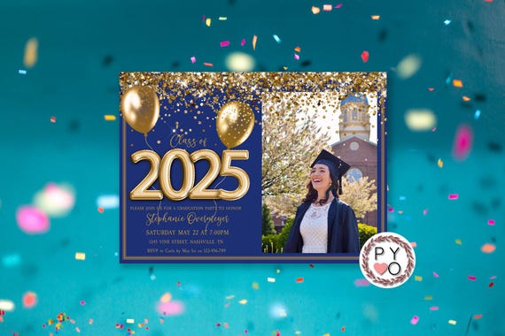 Class of 2025 Blue Gold Photo Graduation Invitation Printable Template Glitter Editable, Graduate Editable Invite, High School, College Grad