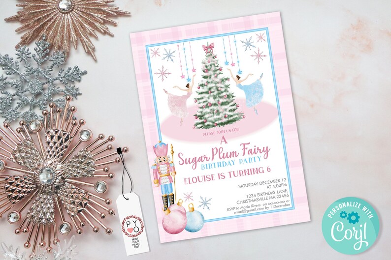 May include: A Sugar Plum Fairy birthday party invitation with a pink and blue plaid border. The invitation features a Christmas tree, ballerinas, and a nutcracker. The text reads "Eloise is turning 6". Decorative snowflakes and ornaments are also included.