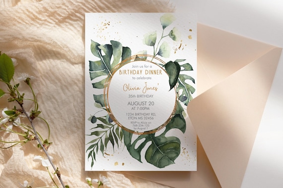 Tropical Green Gold Foliage Birthday Invitation,  Green Leaves Minimalist Invitation, Printable Lunch Party, Editable Template for Women