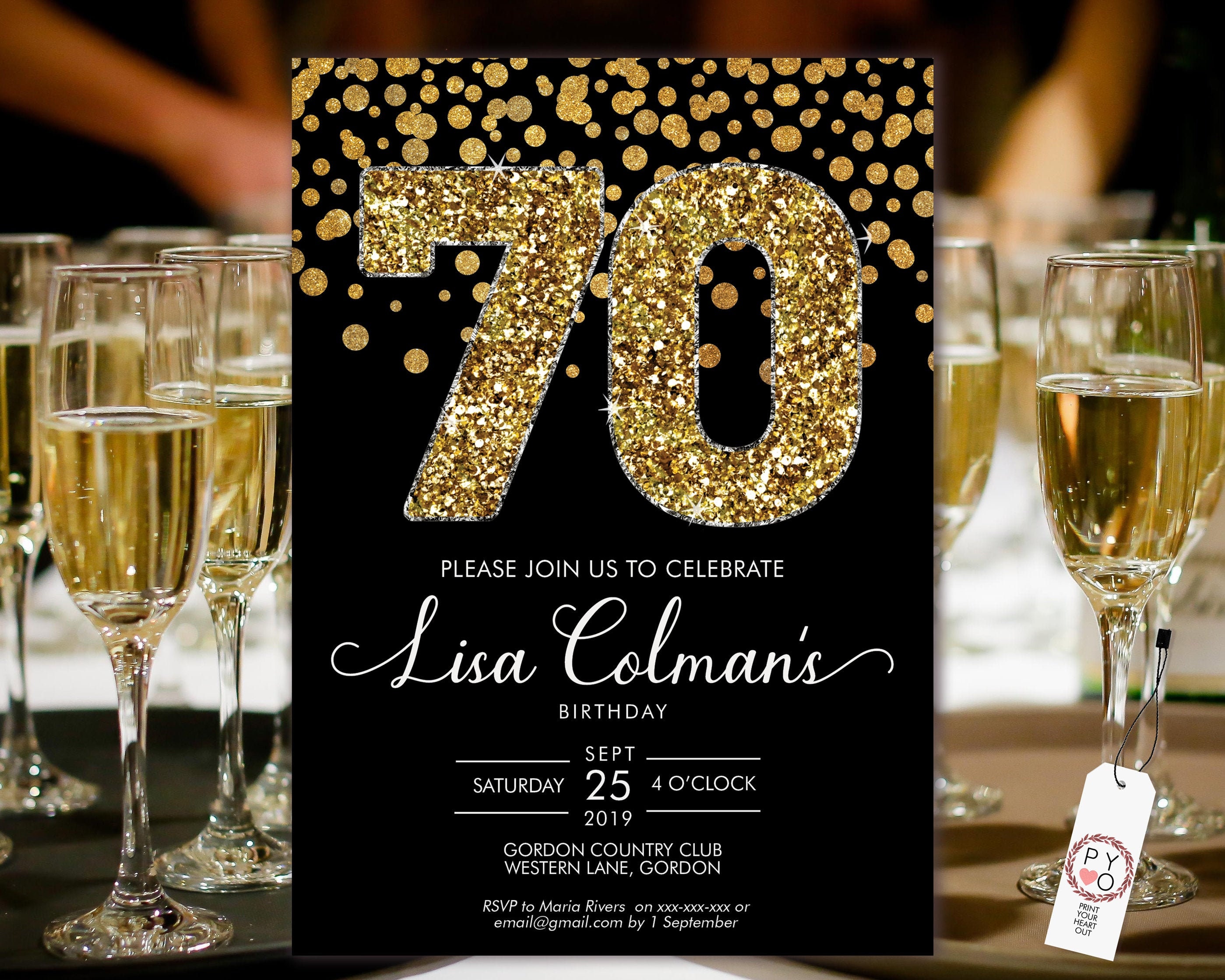 DIY 70th Birthday Confetti Invitation Printable Template, Black Gold Glitter Editable Birthday