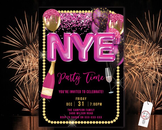 Pink Gold Glitter Foil New Years Eve Party Invitation, 2025 Sparkle Invite, Friends Family NYE Party Home, Metallic Champagne Glass Balloons