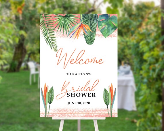 Bird of Paradise Bridal Shower Welcome Sign, Tropical Flowers Personalized Bridal Shower Sign, Welcome Sign Bridal Shower, Orange Flowers