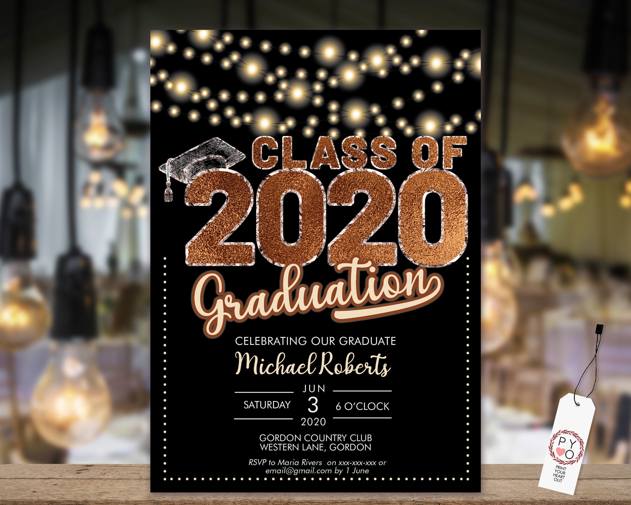 Class of 2020 Copper Graduation Invitation Printable Template, Black Editable Invitation