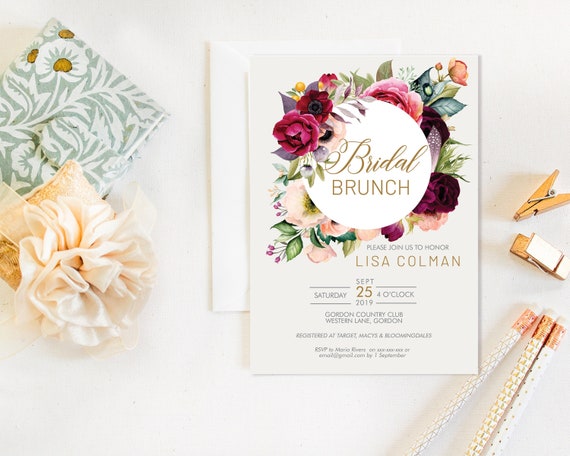 Fall Floral Bridal Shower Invitation, Burgundy Shower Invitation, Printable Bridal Shower, Editable Template, Watercolor Autumn Flowers