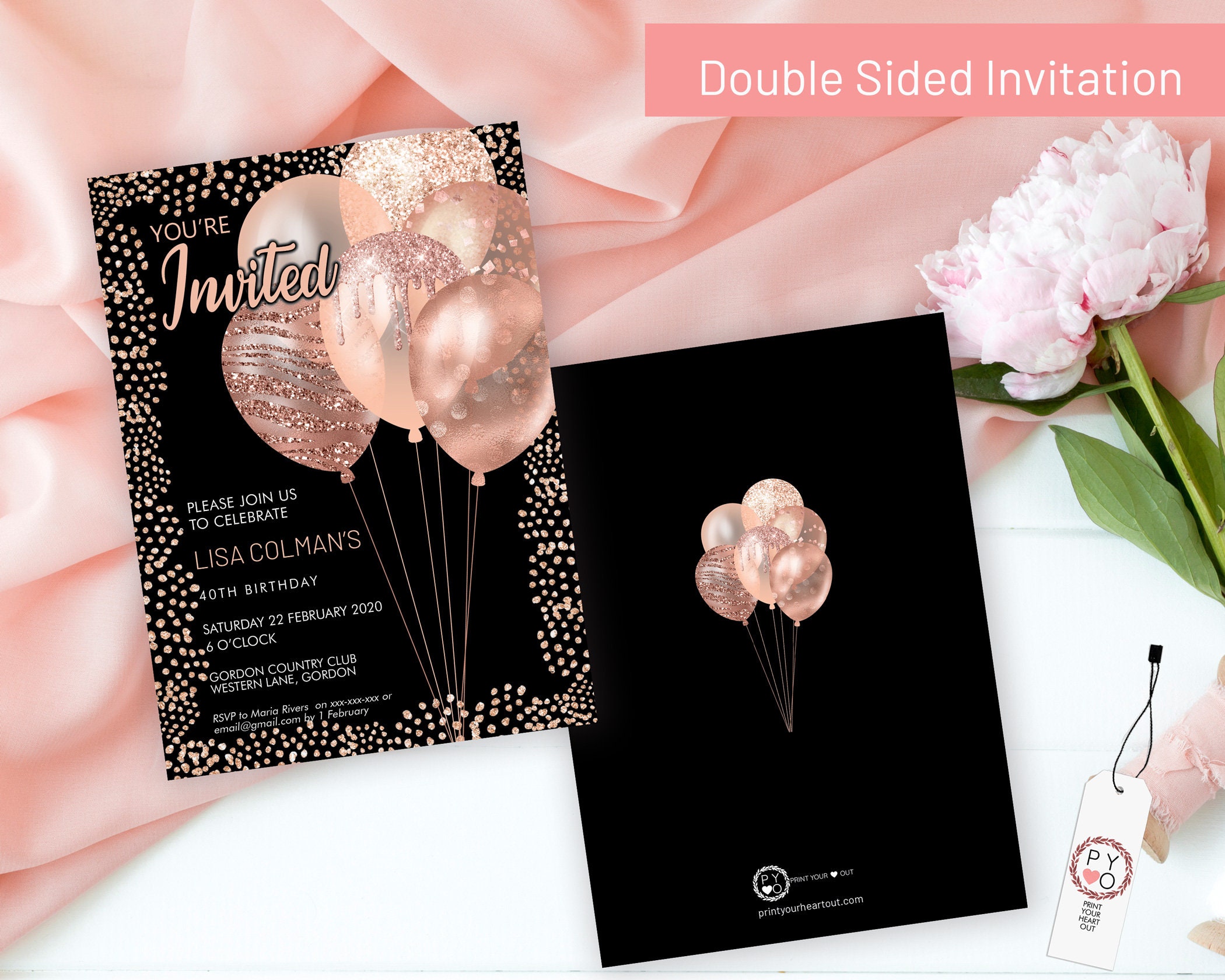 Rose Gold Birthday Balloons Invitation Printable Template Black Gold