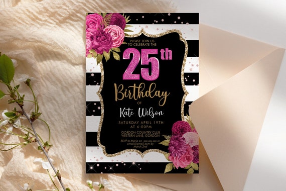 Hot Pink Gold Glitter Floral Birthday Invitation Printable Template, Magenta Flower Editable Party Dinner Women, Any Age Black White Stripes