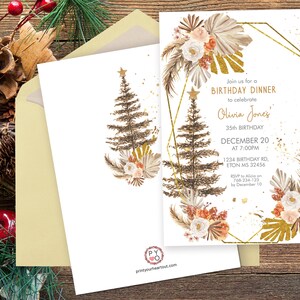 May include: A birthday dinner invitation with a gold geometric frame and floral accents. The invitation includes the text "Join us for a Birthday Dinner to celebrate Olivia Jones' 35th Birthday December 20 at 7:00PM". A matching card and envelope are also visible.