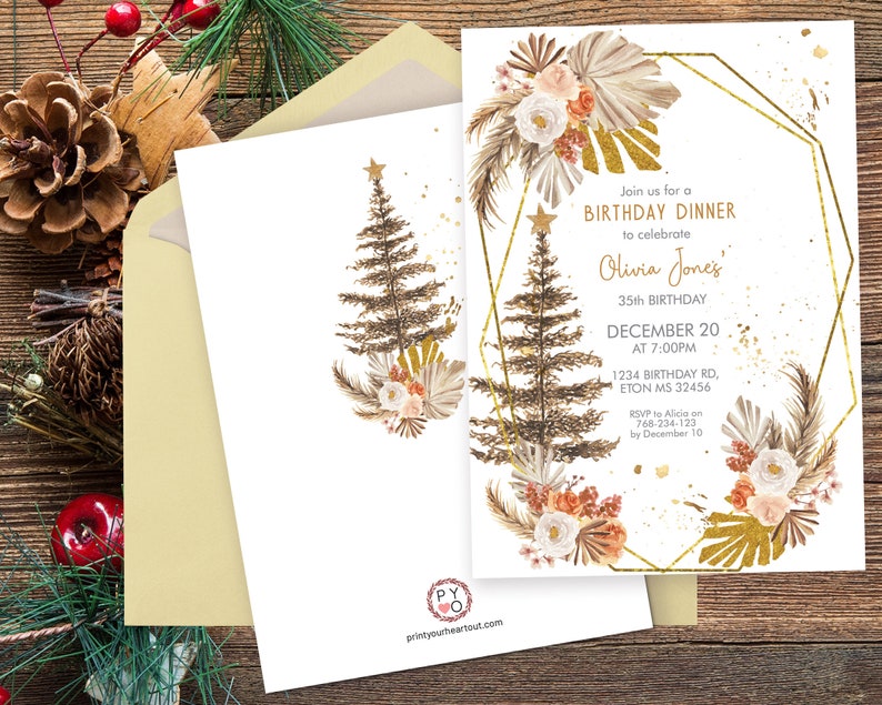 May include: A birthday dinner invitation with a gold geometric frame and floral accents. The invitation includes the text "Join us for a Birthday Dinner to celebrate Olivia Jones' 35th Birthday December 20 at 7:00PM". A matching card and envelope are also visible.