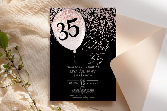 Any Age Pink Birthday Balloon Invitation Printable Template, Black Blush Glitter Editable Birthday Party Invitation, DIY Printable Party