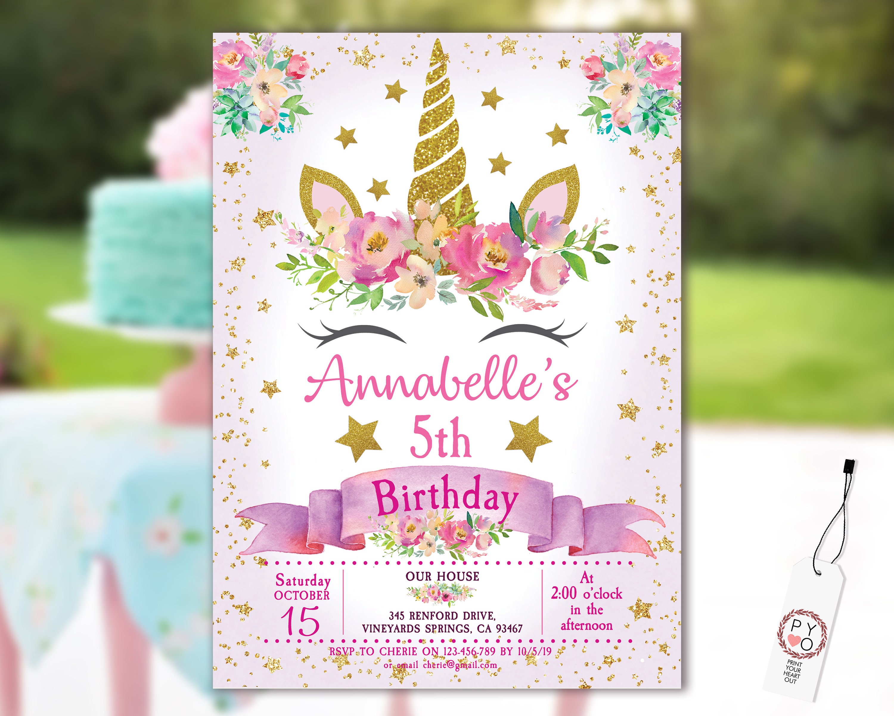 Gold Unicorn Floral Birthday Invitation Printable Template Editable