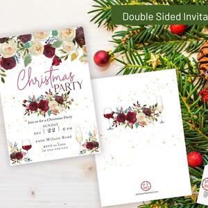 May include: Double-sided Christmas party invitation with floral and wine glass illustrations. The front features the words "Christmas Party" and event details. The back has similar floral and wine glass designs.