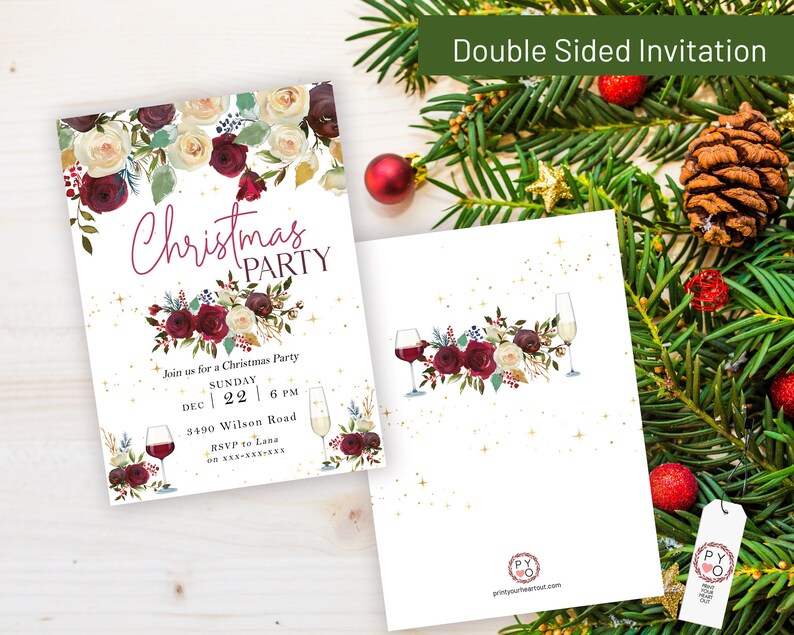 May include: Double-sided Christmas party invitation with floral and wine glass illustrations. The front features the words "Christmas Party" and event details. The back has similar floral and wine glass designs.