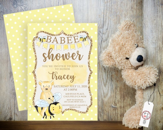 Bee Baby Shower Invitation, Honeybee Shower Invitation, Lemon Printable Babee Shower, Editable Template, Watercolor Teddy Bear Shower