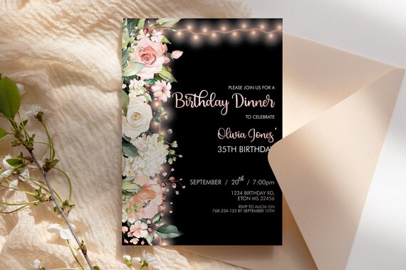 Any Age Rose Blush Cream Floral Birthday Invitation Printable Template, Black Lights Editable Birthday Party Invite, Women, Printable Card