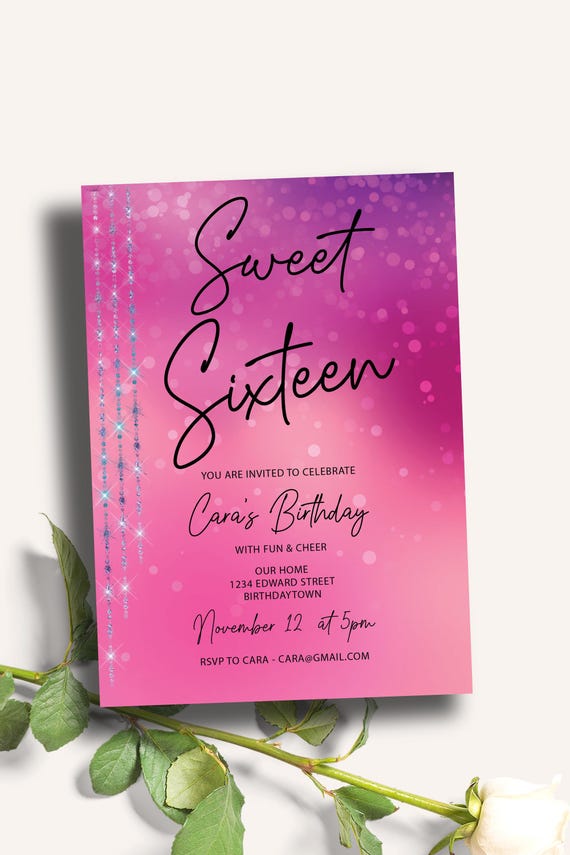 Bright Pink Sweet 16 Invitation Template | Purple Lights Digital Download for Sixteenth Birthday Girl | Hot Pink Vibe