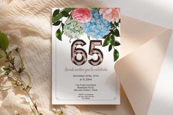 Any Age Blue Pink Watercolor Flowers Birthday Invitation Rosegold Number Printable Template, Editable Birthday for Women, Blush Floral