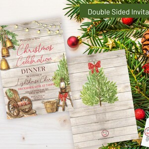 May include: Double-sided Christmas Celebration Dinner invitation with a rustic wood background. The front features text and watercolor illustrations of bells, a Christmas tree, and a wagon. The back has a Christmas tree with a red bow.