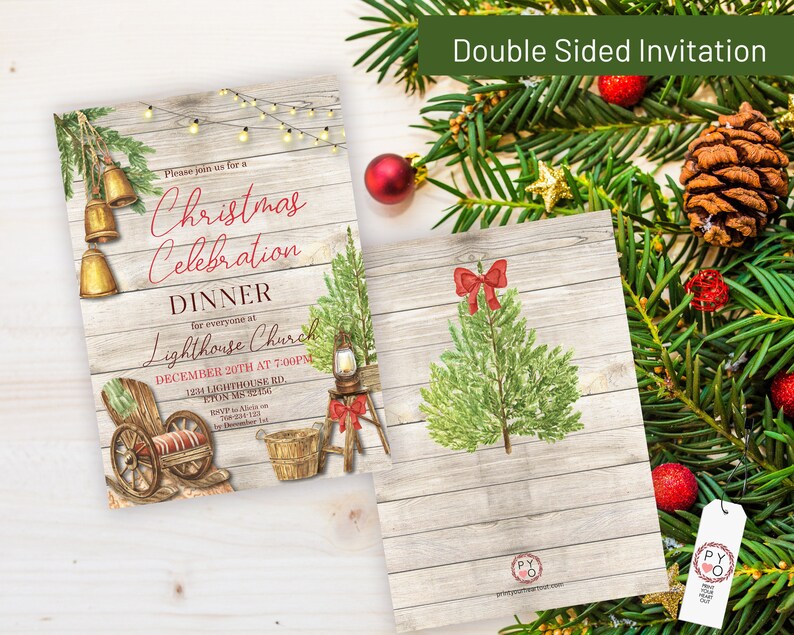 May include: Double-sided Christmas Celebration Dinner invitation with a rustic wood background. The front features text and watercolor illustrations of bells, a Christmas tree, and a wagon. The back has a Christmas tree with a red bow.