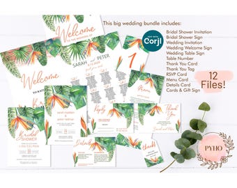 May include: A wedding stationery bundle featuring tropical bird of paradise flowers and green palm leaves. The set includes invitations, signs, menu cards, RSVP cards, thank you tags, and details cards with text such as Welcome, Menu, and Reply.