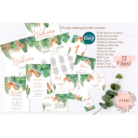 Tropical Wedding Invitation Bundle | Bird of Paradise, Editable Digital Download | Summer Spring Bridal Shower Event