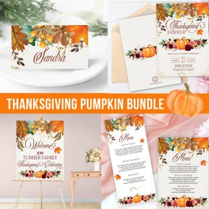 Thanksgiving Invitation Floral Pumpkin Bundle | Welcome Sign, Menu, Placecard, Friendsgiving Dinner