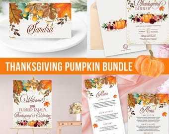 Thanksgiving Invitation Floral Pumpkin Bundle | Welcome Sign, Menu, Placecard, Friendsgiving Dinner