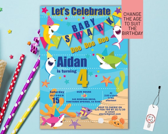 Baby Shark Birthday Invitation Printable Template, Editable Invitation, Any Age Birthday, Blue Shark Sea Party, Boys Age Birthday, Doo Doo