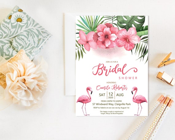 Pink Flamingo Floral Bridal Shower Invitation, Tropical Shower Invitation, Printable Bridal Shower, Editable Template, Watercolor Hawaii