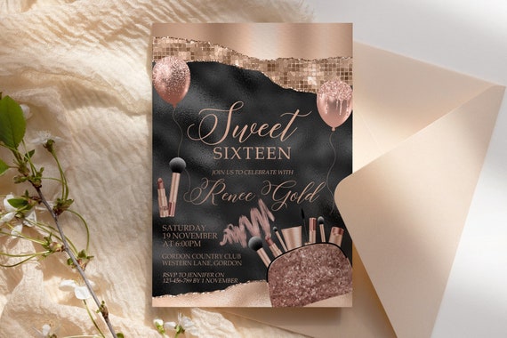 Sweet 16 Rosegold Makeup Party Invitation Printable Template, Black Editable, 16th Birthday, Cosmetics Invite, Sixteen Lipstick Invite