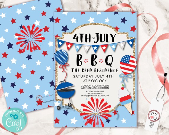 4th of July Celebrate BBQ Light Blue Invitation Printable Template, Red White Editable Party Invite,  Independence Day Picnic, Fireworks