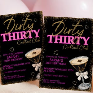 Invitation d'anniversaire martini 30 expresso sale | Rose néon et paillettes dorées | Modèle modifiable pour cocktail } Boissons, ambiance nocturne | image 5