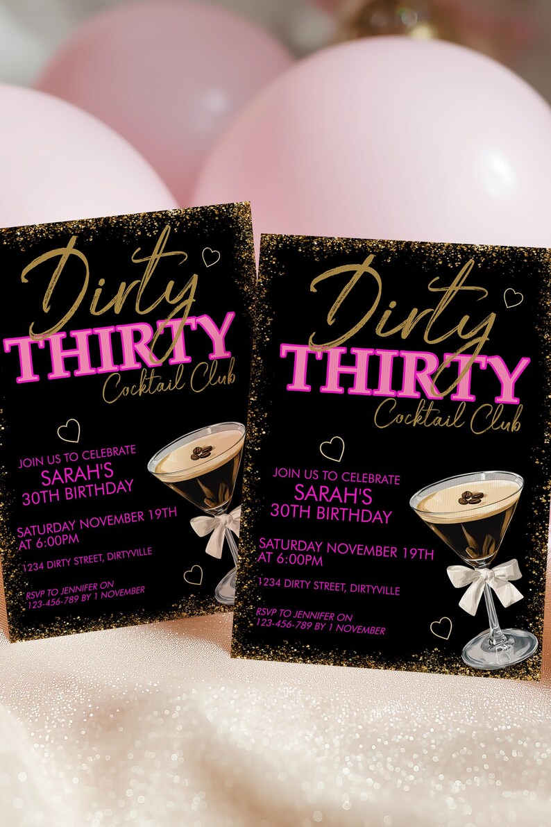 Invitation d'anniversaire martini 30 expresso sale | Rose néon et paillettes dorées | Modèle modifiable pour cocktail } Boissons, ambiance nocturne | image 5