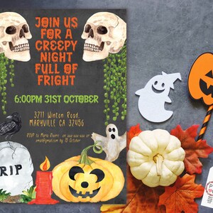 Inbjudan till Halloween-fest med dödskallar och pumpor, kuslig skräcknatt (utskrivbar mall) bild 2