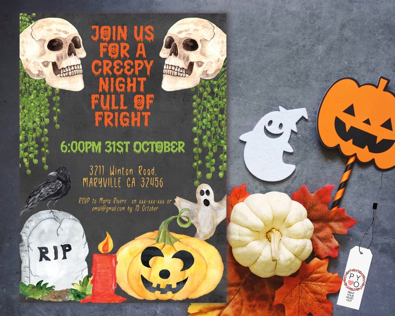 Inbjudan till Halloween-fest med dödskallar och pumpor, kuslig skräcknatt (utskrivbar mall) bild 2
