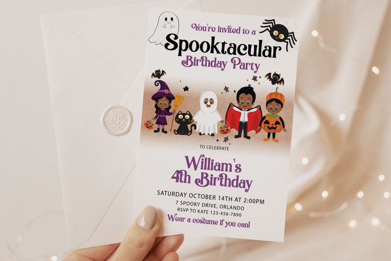 Op de afbeelding: Een uitnodiging voor een Halloween-verjaardagsfeestje met de tekst "You're invited to a Spooktacular Birthday Party" en "William's 4th Birthday". De uitnodiging bevat illustraties van kinderen in kostuums, waaronder een heks, een spook en een vampier.