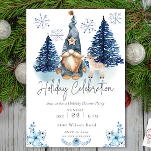 May include: A white invitation card featuring a watercolor gnome in a blue hat, a small deer, and two dark blue pine trees. The text reads Holiday Celebration, Join us for a Holiday Dinner Party, Sunday Dec 22 6 PM, 3490 Wilson Road, and RSVP to Lana.