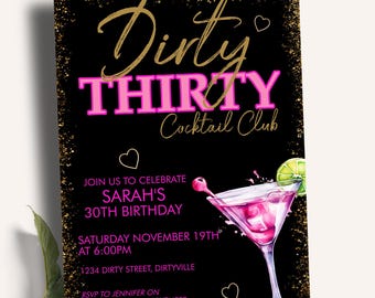 Dirty 30 Pink Martini Birthday Invitation | Neon and Gold Glitter | Editable Template | Girls Night Drinks | Cocktail Club Vibe