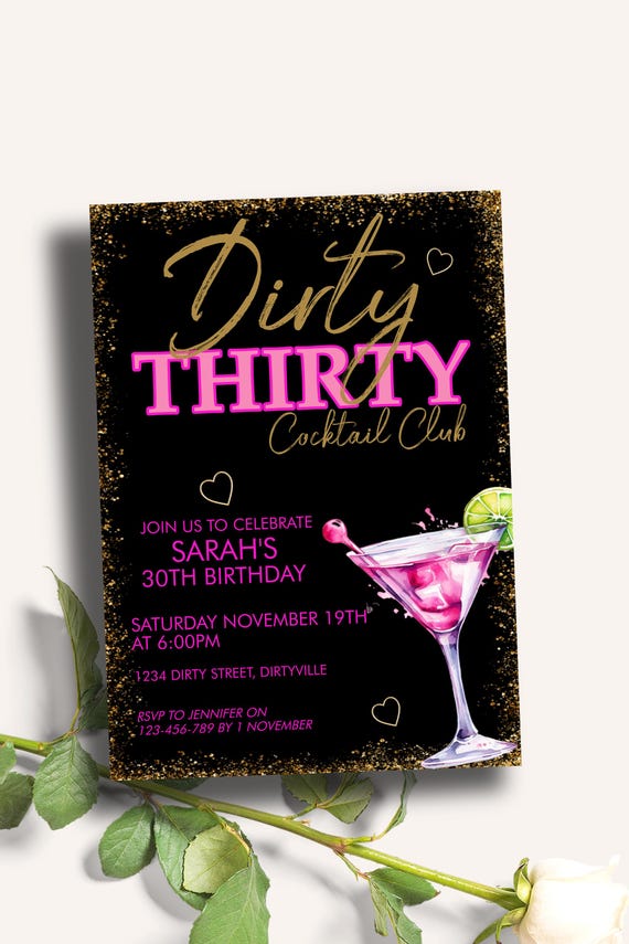 Dirty 30 Pink Martini Birthday Invitation | Neon and Gold Glitter | Editable Template