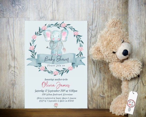 Blue Elephant Floral Baby Shower Invitation, Gender Reveal Invitation, Printable Baby Shower, Editable Template Baby Shower Baby Animal