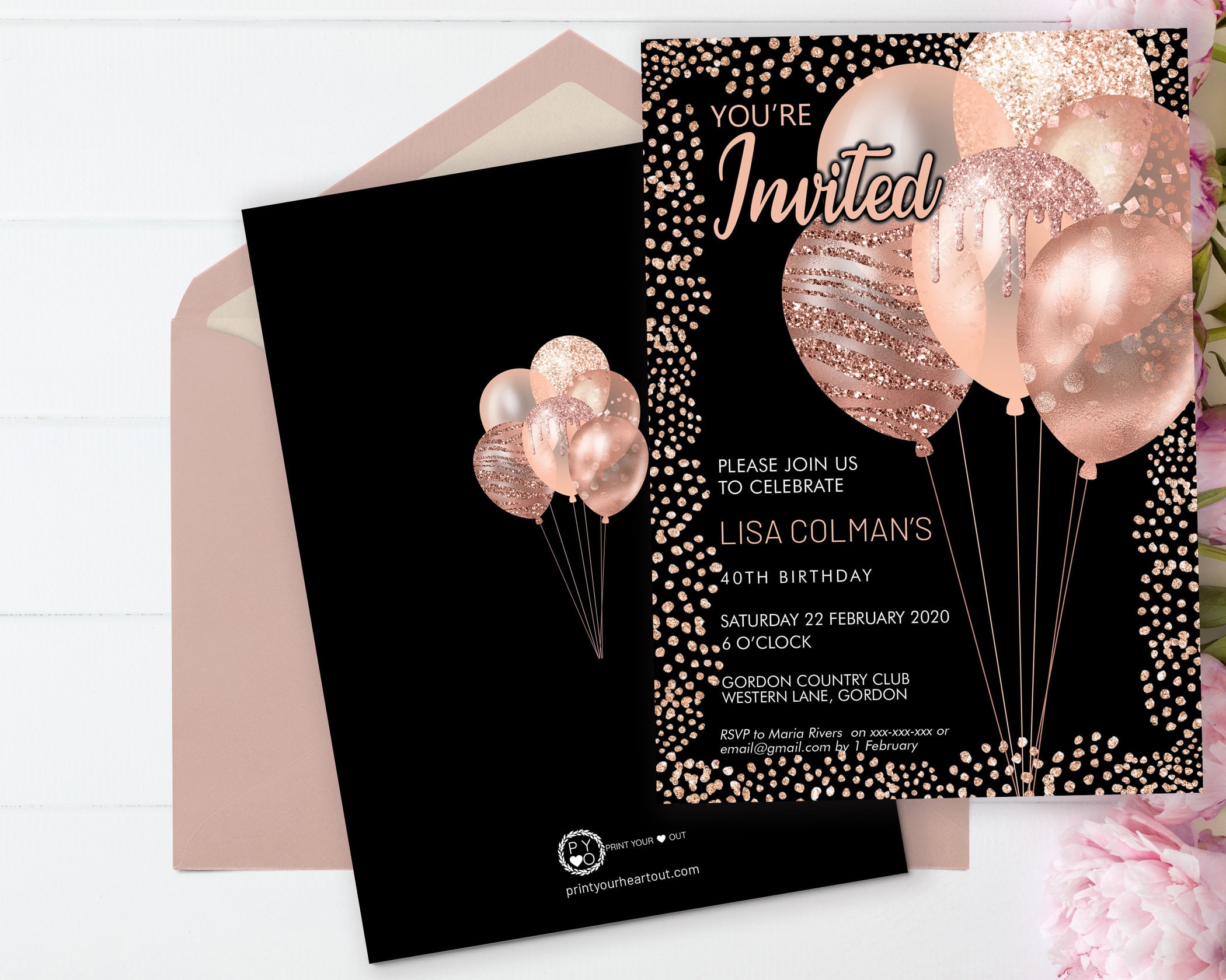 Rose Gold Birthday Balloons Invitation Printable Template Black Gold