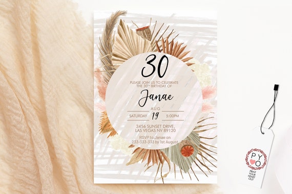 Pampas Grass Circle Birthday Invitation, Boho Dried Palm Leaf Invitation, Printable Lunch Dinner Party, Tropical Floral Editable Template