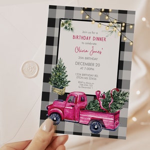 Red Truck Christmas Birthday Invitation, Buffalo Check, Rustic Party (Digital Download) image 3