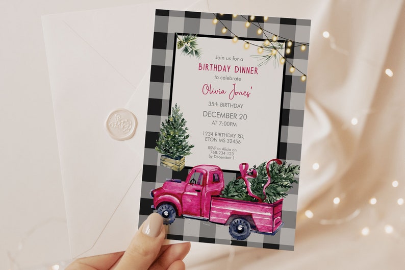 Red Truck Christmas Birthday Invitation, Buffalo Check, Rustic Party (Digital Download) image 3