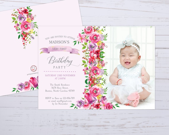 Floral One 1st Birthday Photo Number Invitation Printable Template, One Editable Birthday Invitation for Girls, Kids Baby First Birthday