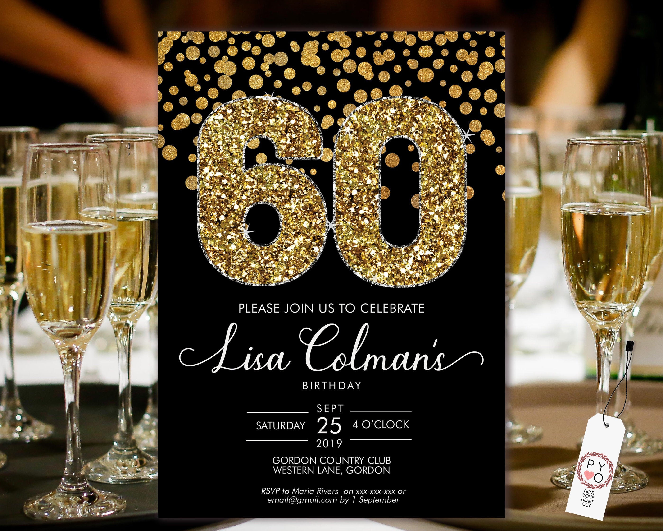 DIY 60th Birthday Confetti Invitation Printable Template, Black Gold Glitter Editable Birthday