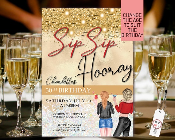 Sip Sip Hooray Girls Gold Red Glitter Invitation Printable, Cocktails Drinks Lights Editable Birthday Party Women, Glam Invite Card