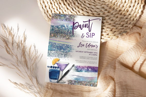 Paint and Sip Purple Silver Holographic Invitation Printable, Drinks Editable Birthday Women,  Cocktails Champagne Holo Glitter Paint Party