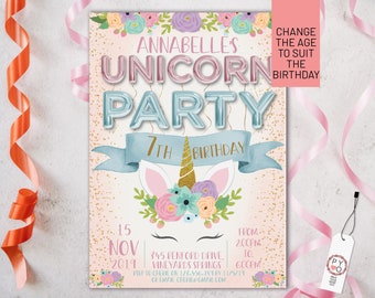 Pink Unicorn Foil Balloons Birthday Invitation Printable Template, Editable Invitation, Any Age Birthday, Pink Unicorn Party, Girls Birthday