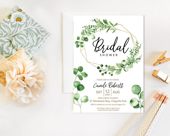 Eucalyptus Gold Frame Bridal Shower Invitation, Green Shower Invitation, Printable Bridal Shower, Editable Template, Watercolor Greenery