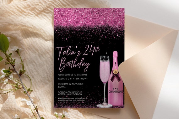 Magenta Pink Champagne Glitter Invitation Printable Template, Drinks Glitter Editable Birthday Party Invitation for Women, Printable Card